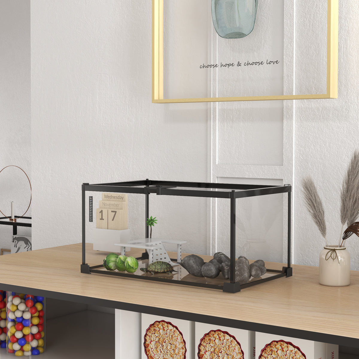 Aquarium pour Tortues avec Plateforme de Repos, Couvercle Coulissant en Filet, Thermomètre, 50x30x25cm, Blanc-9