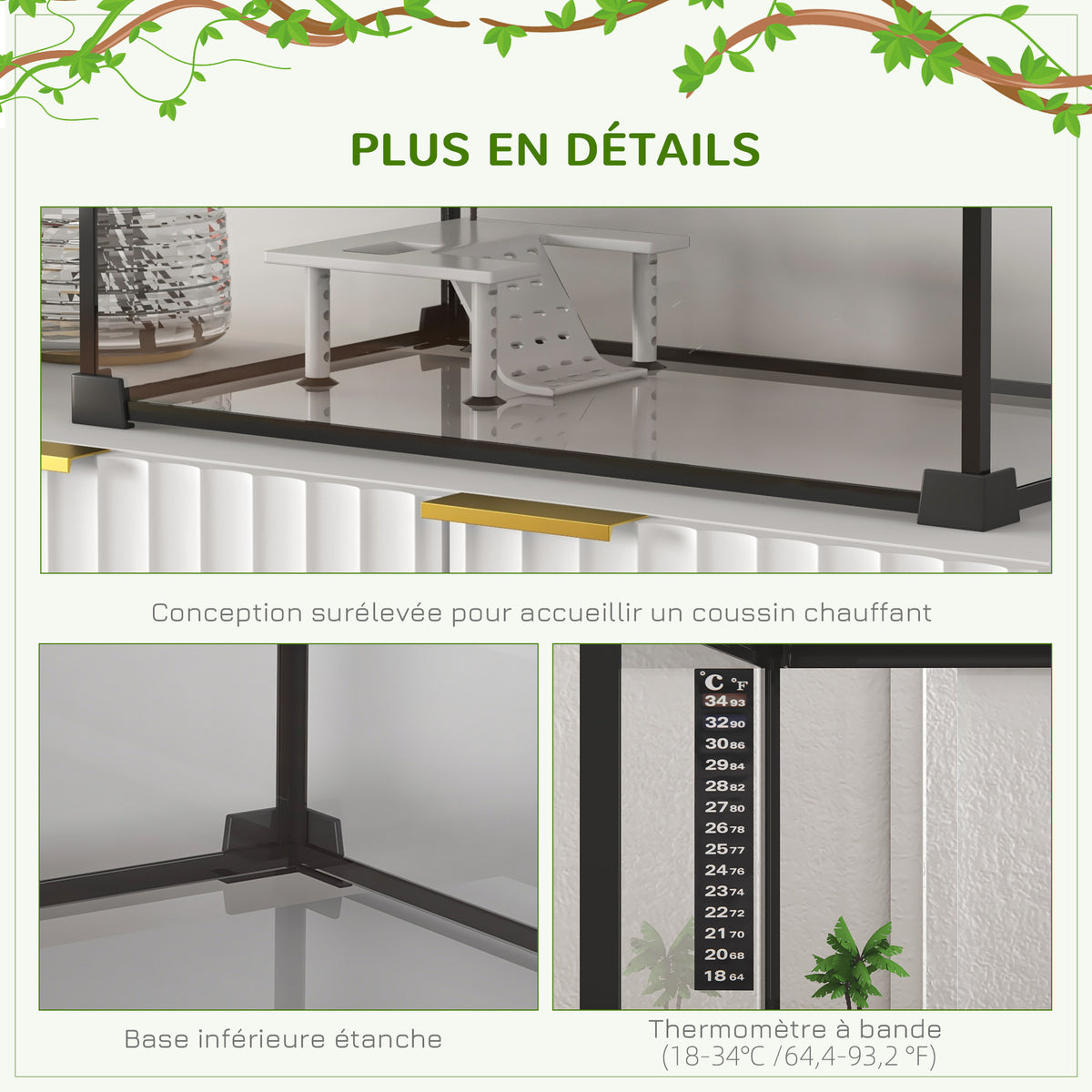 Aquarium pour Tortues avec Plateforme de Repos, Couvercle Coulissant en Filet, Thermomètre, 50x30x25cm, Blanc-5