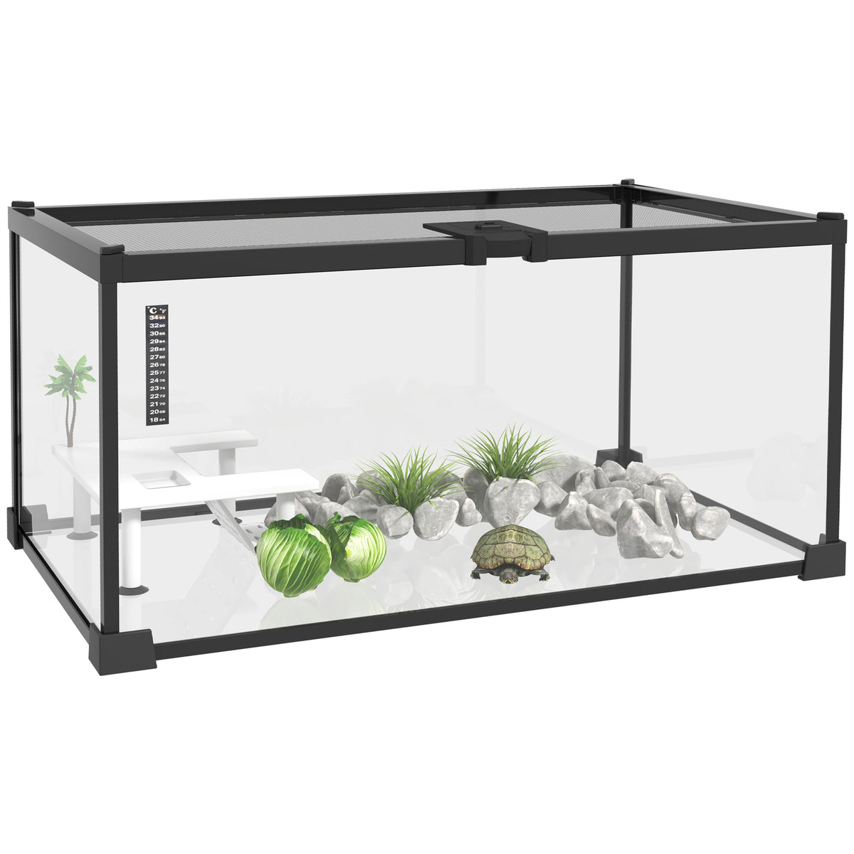 Aquarium pour Tortues avec Plateforme de Repos, Couvercle Coulissant en Filet, Thermomètre, 50x30x25cm, Blanc-0