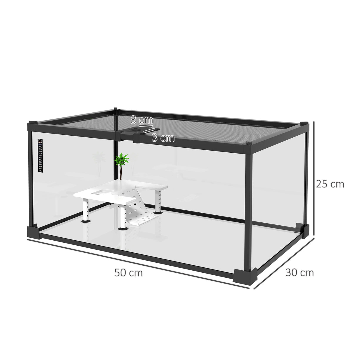 Aquarium pour Tortues avec Plateforme de Repos, Couvercle Coulissant en Filet, Thermomètre, 50x30x25cm, Blanc-2