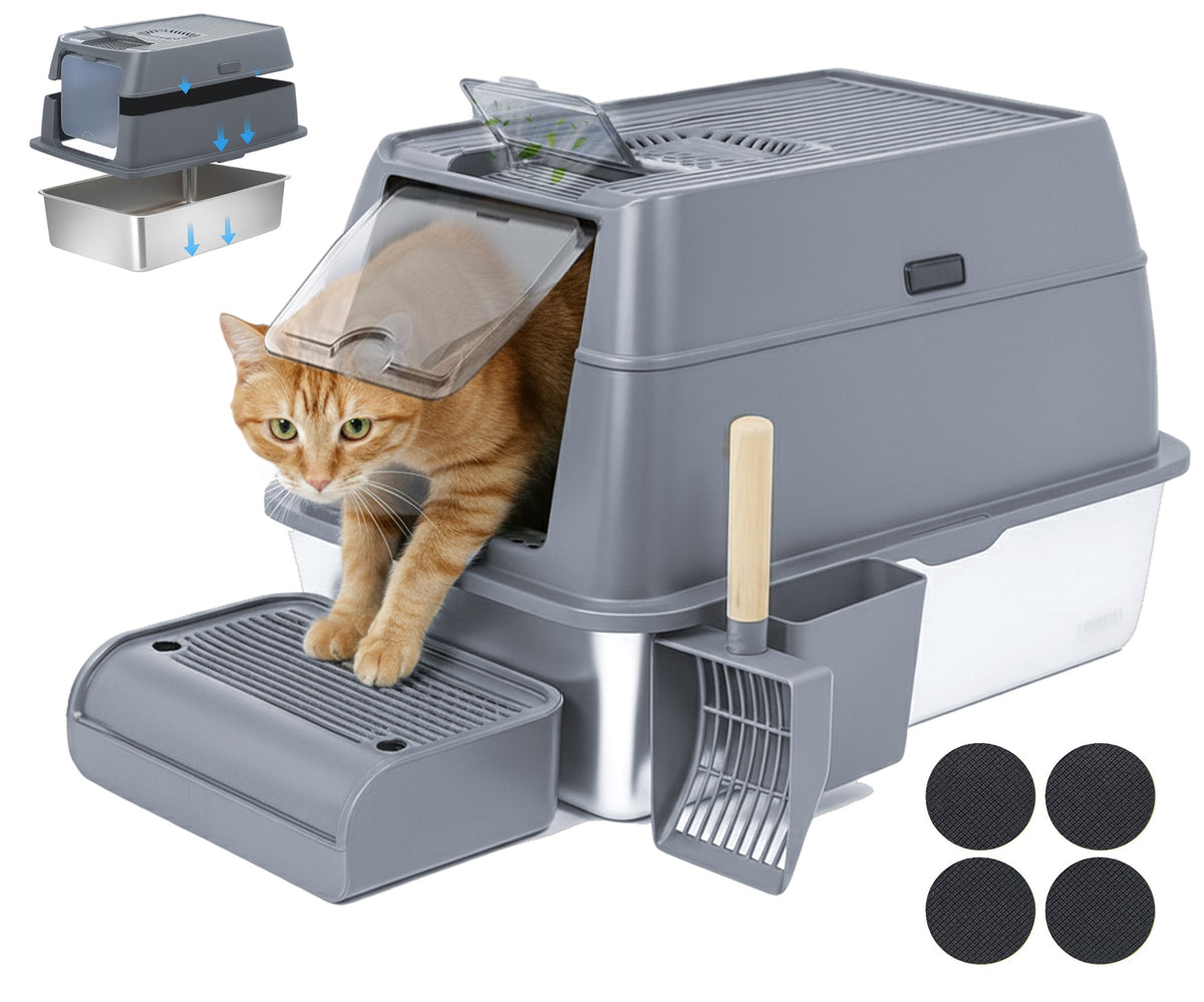 IGAD XXL Stainless Steel Cat Litter Box – High Sides, Non-Stick, Easy Clean, Odour Control, Removable Lid & Scoop (Grey)