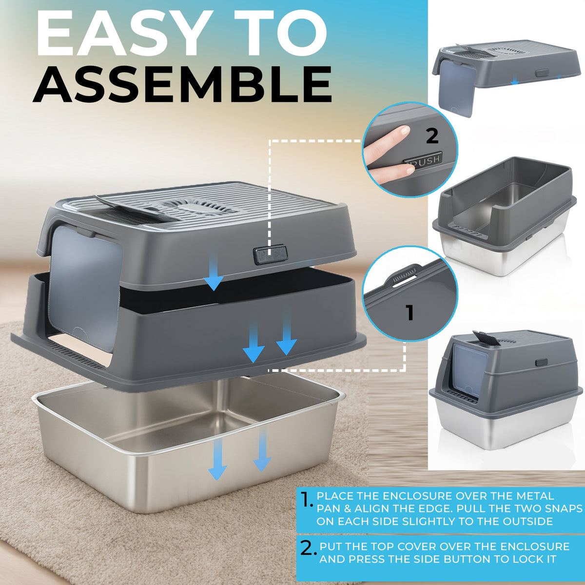 IGAD XXL Stainless Steel Cat Litter Box – High Sides, Non-Stick, Easy Clean, Odour Control, Removable Lid & Scoop (Grey)