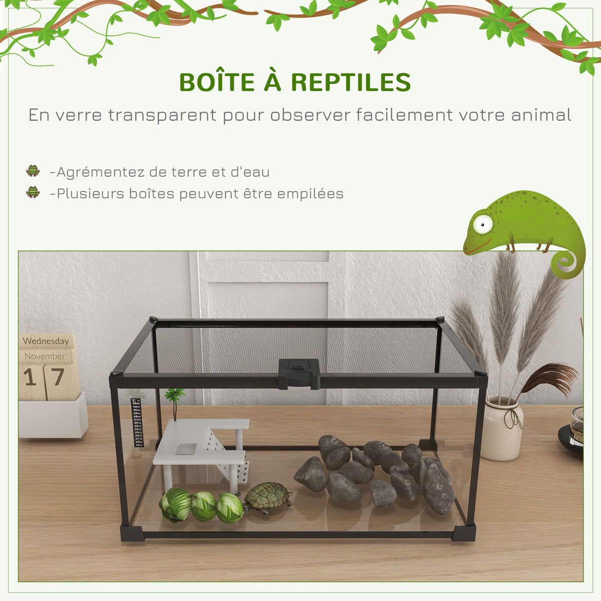 Aquarium pour Tortues avec Plateforme de Repos, Couvercle Coulissant en Filet, Thermomètre, 50x30x25cm, Blanc-3