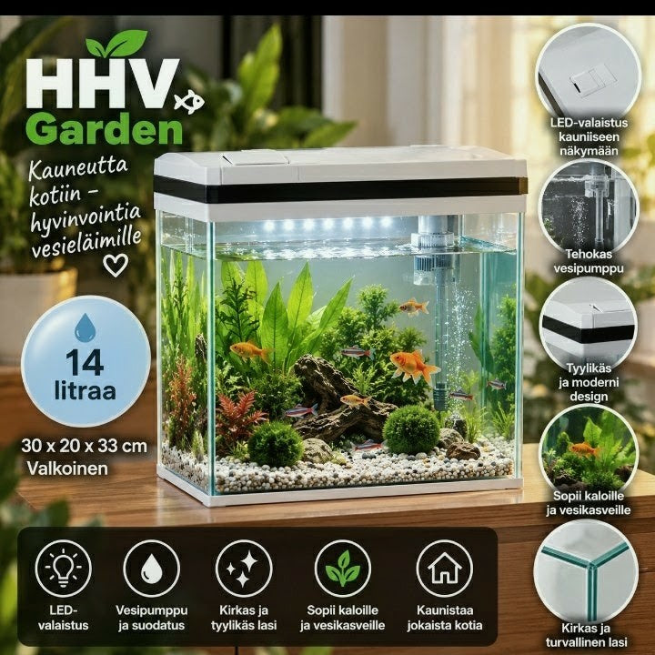 HHV Garden 14 L lasiakvaario – LED, suodatus ja vesipumppu
