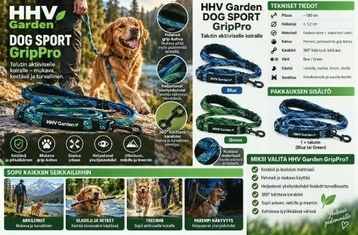 HHV Garden DOG SPORT GripPro -talutin – Blue & Green