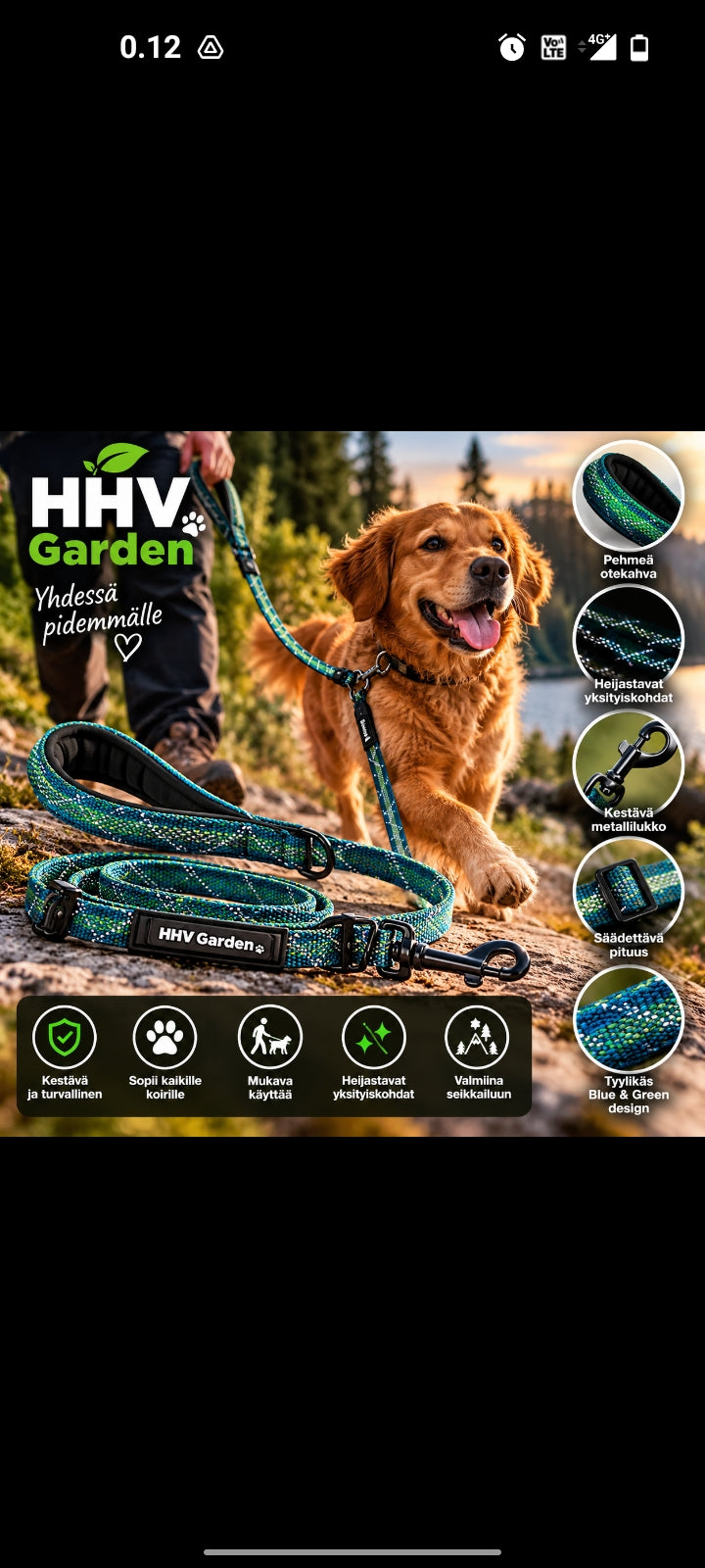 HHV Garden DOG SPORT GripPro -talutin – Blue & Green