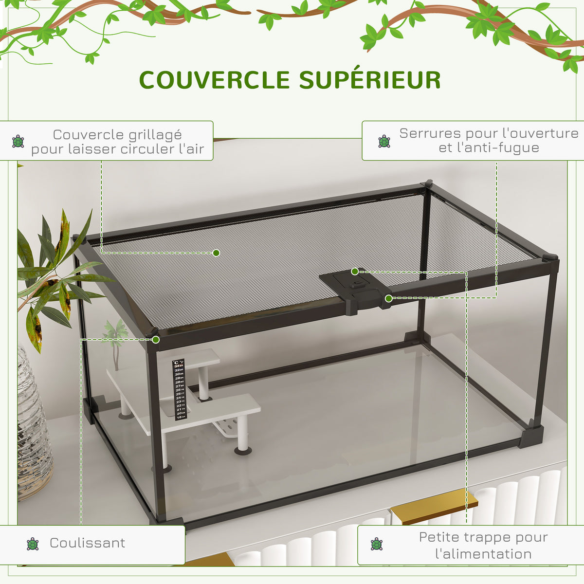 Aquarium pour Tortues avec Plateforme de Repos, Couvercle Coulissant en Filet, Thermomètre, 50x30x25cm, Blanc-4